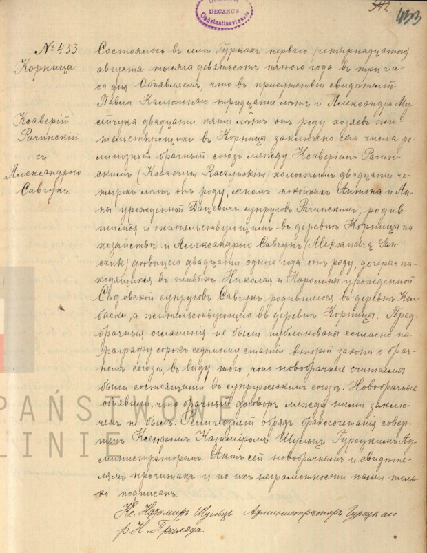 akt 433/1905 par. Górki Ksawery Raczyński i Aleksandra Sawczuk