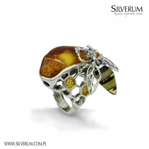 Duży pierścionek artystyczny z bursztynem - silverum.com.pl - #pierścionek; #bursztyn; #artystyczny; #oryginalny; #pszczoła;